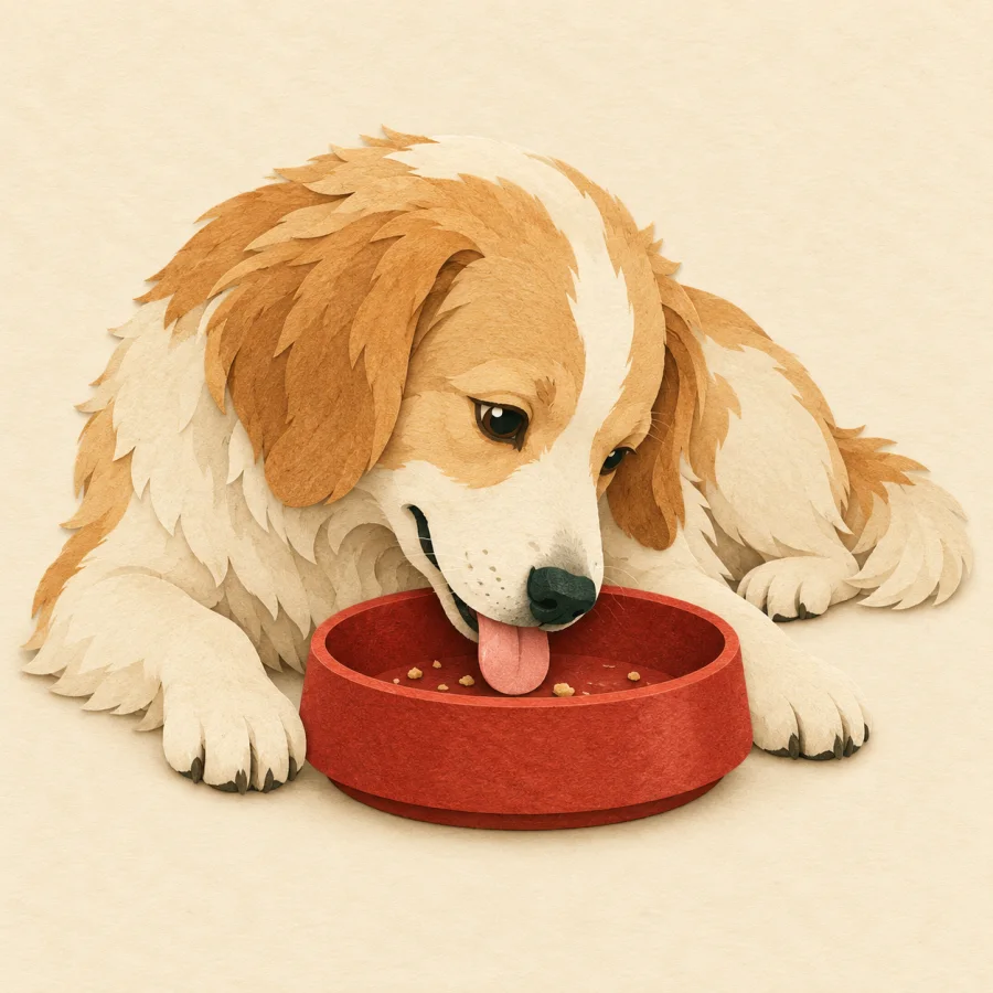 A dog licking a red bowl clean