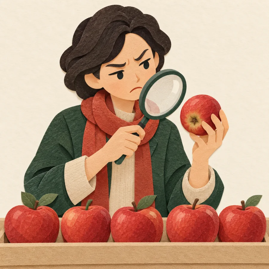 A frowning person inspecting apples with a magnifying glass