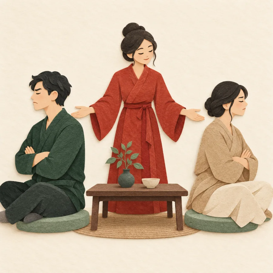 A third person reconciles two people sitting back to back at a table