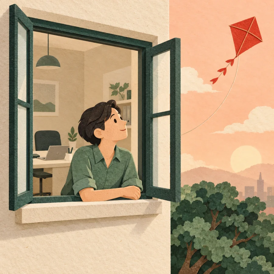 An office worker watches a red kite from an open office window