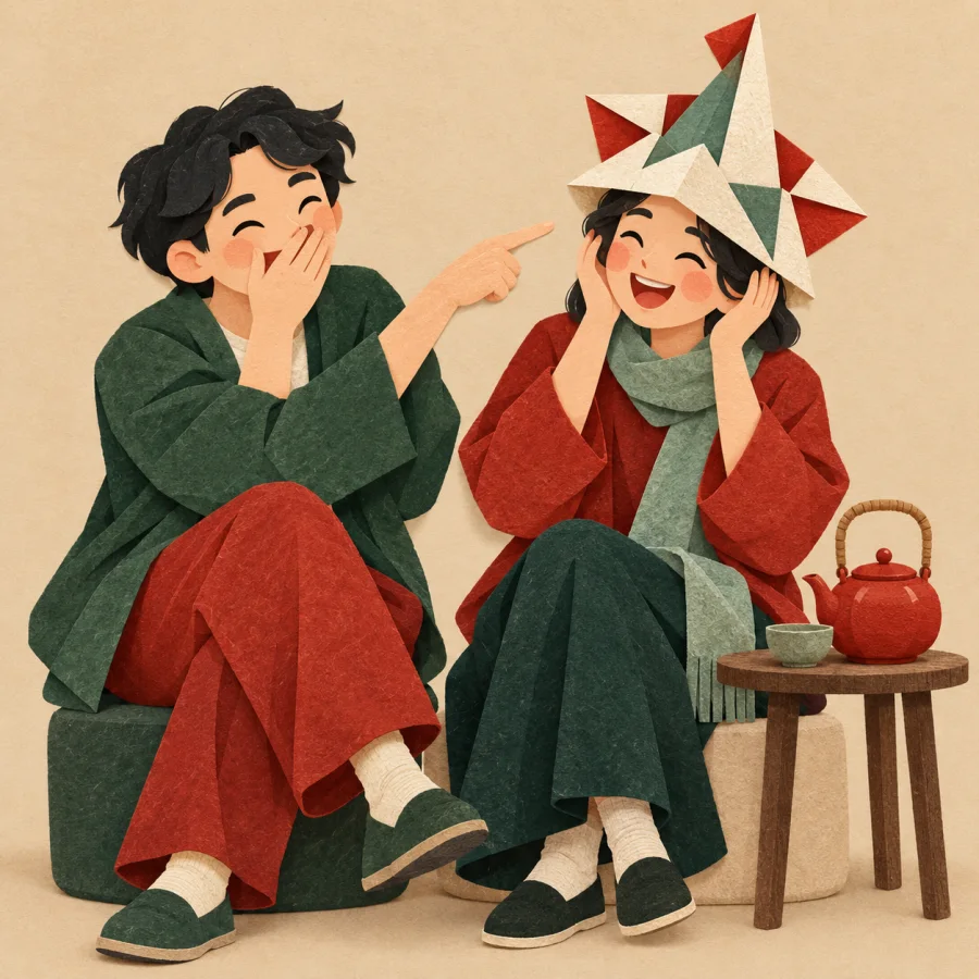 Two friends laugh as one playfully points at the other's hat
