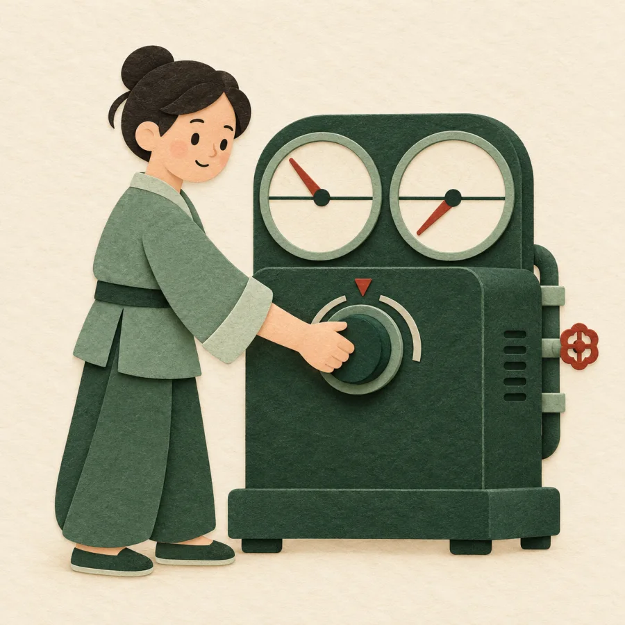 A person turns a big dial on a machine with two gauges