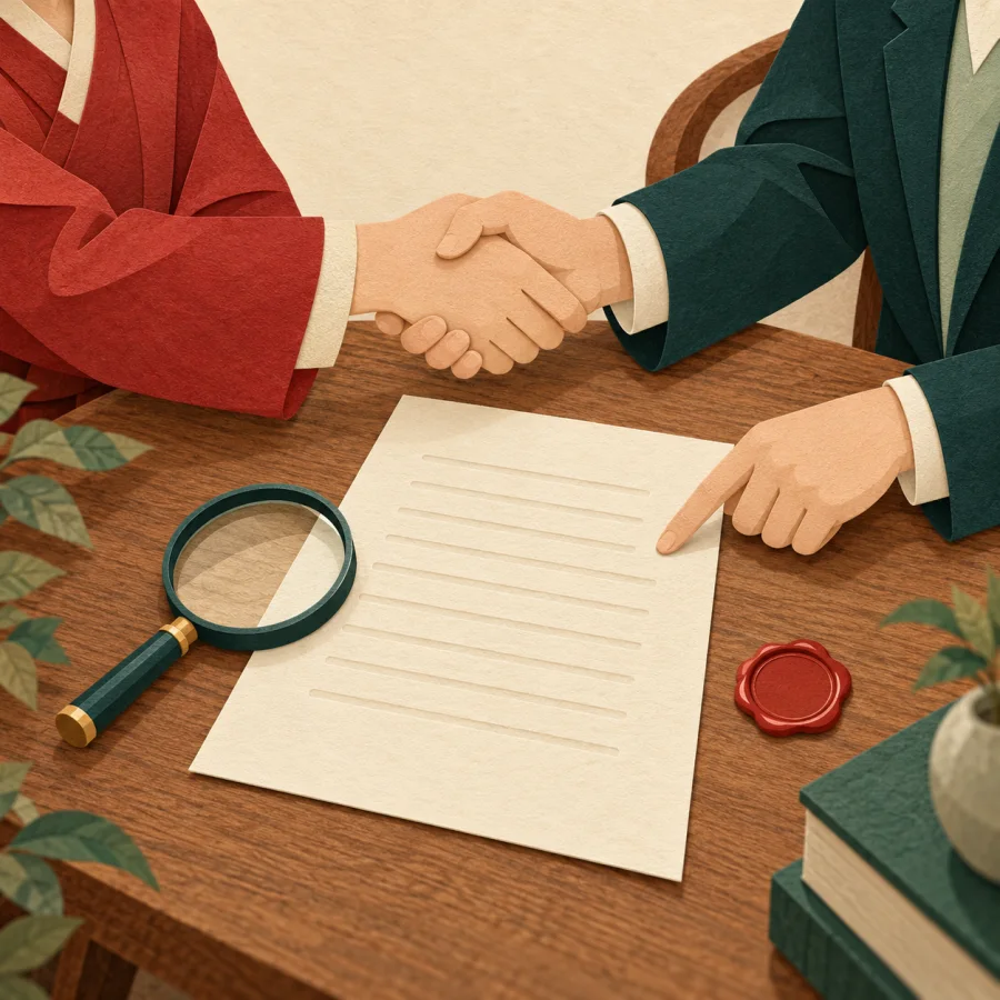 A magnifying glass over an open contract with a red seal
