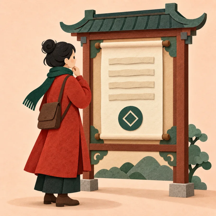 A person reads a scroll of rules on an official notice board
