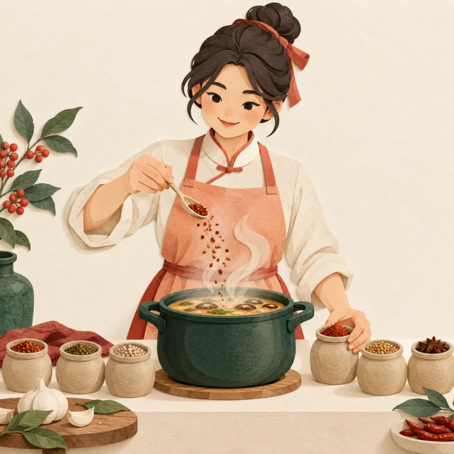 A cook spooning spices from jars into a steaming pot