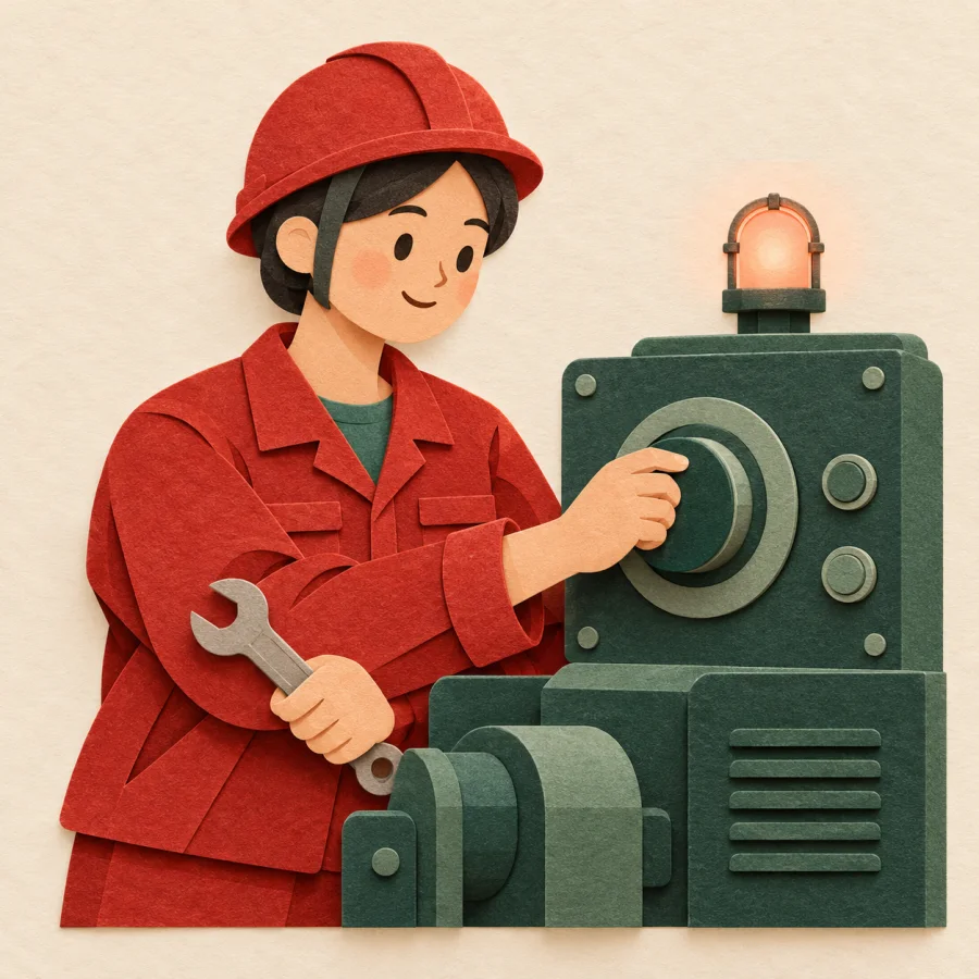 An engineer turning a dial on a large machine panel