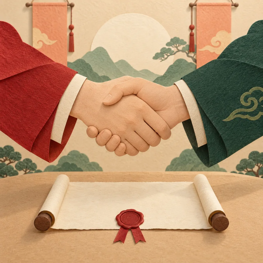 Two hands shaking above a sealed scroll on a table