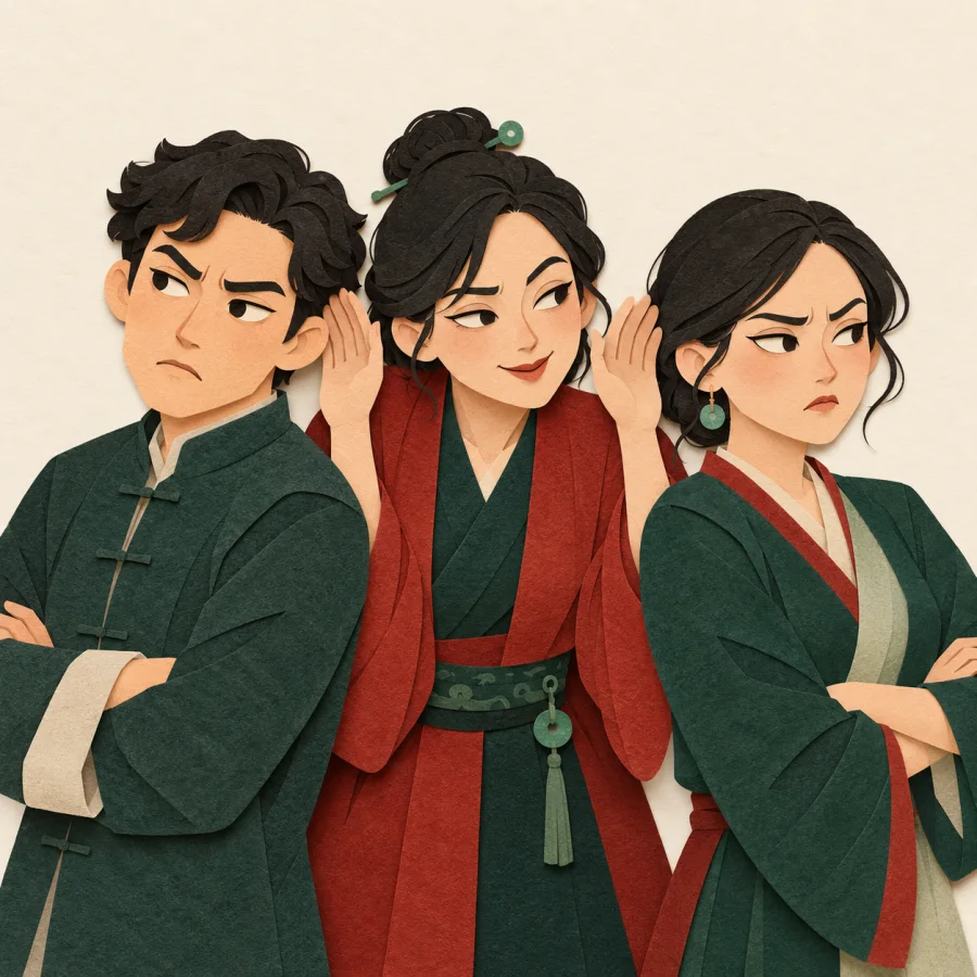 A person whispers into the ears of two friends turning away from each other