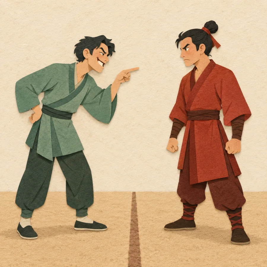 One person taunts from behind a line while the other angrily steps over it