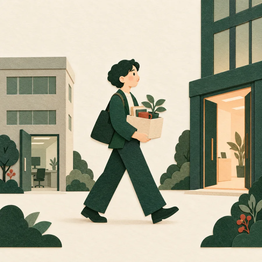 A person with a box of belongings walks out of an office toward another building