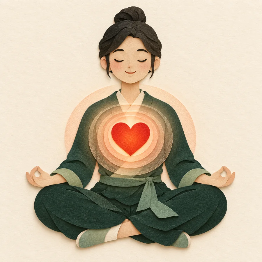 A heart on a person's chest pulses with glowing rings of light