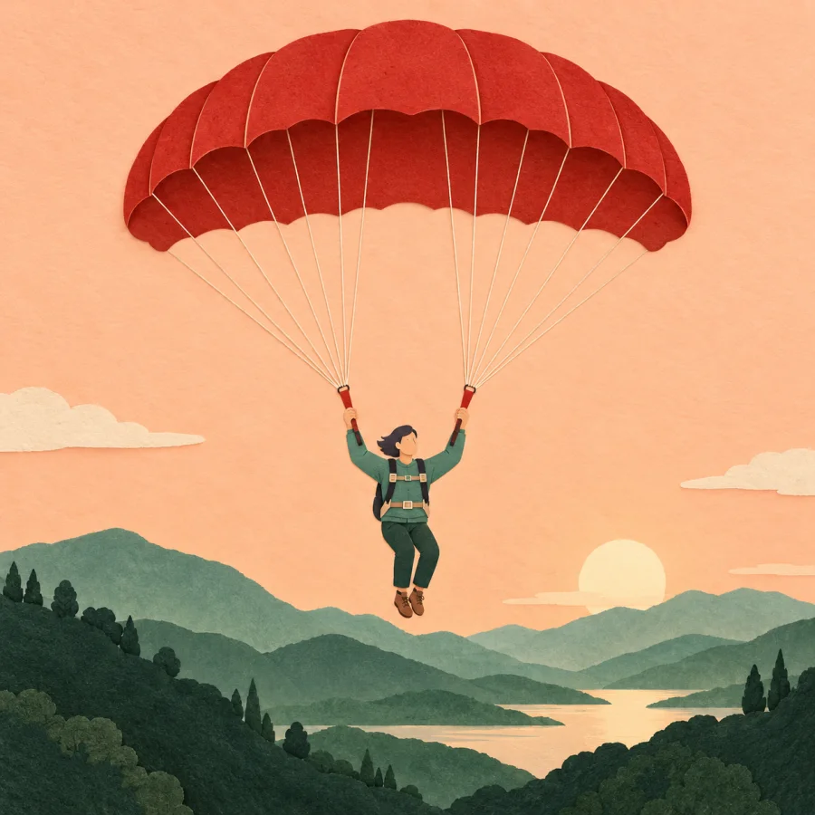 A person under an open parachute descends toward green hills