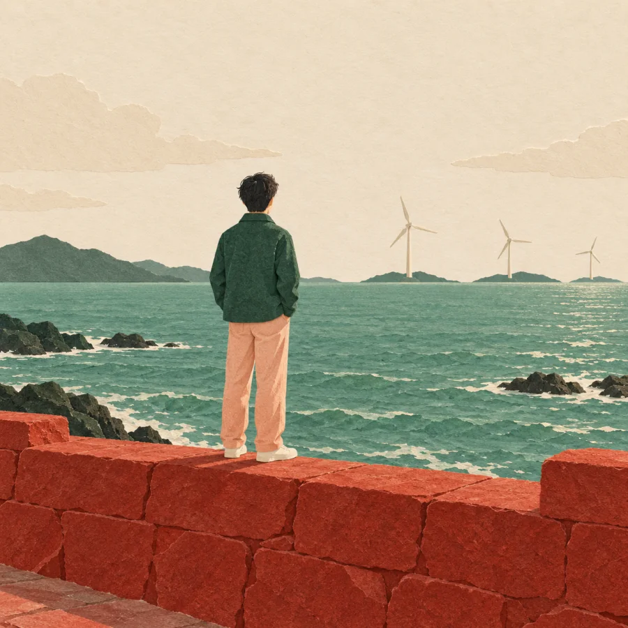 A person on a stone seawall gazes at distant sea wind turbines