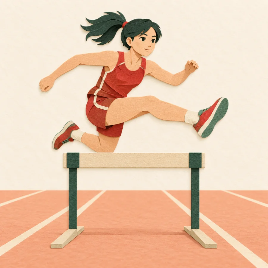 An athlete leaps high over a hurdle on a running track