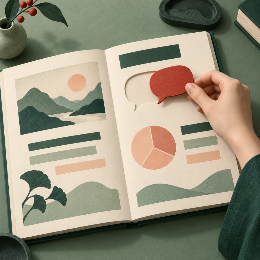 A person fits a speech bubble into an outline beside a report