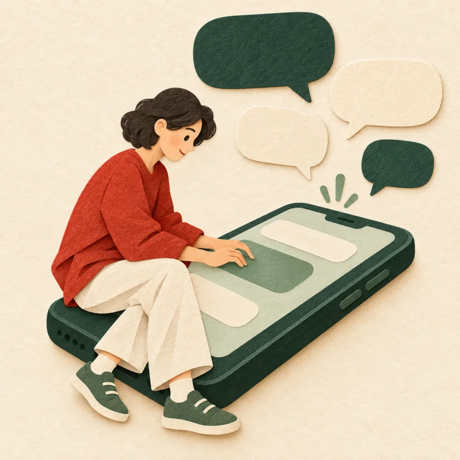 A person types on a big phone while speech bubbles rise from it