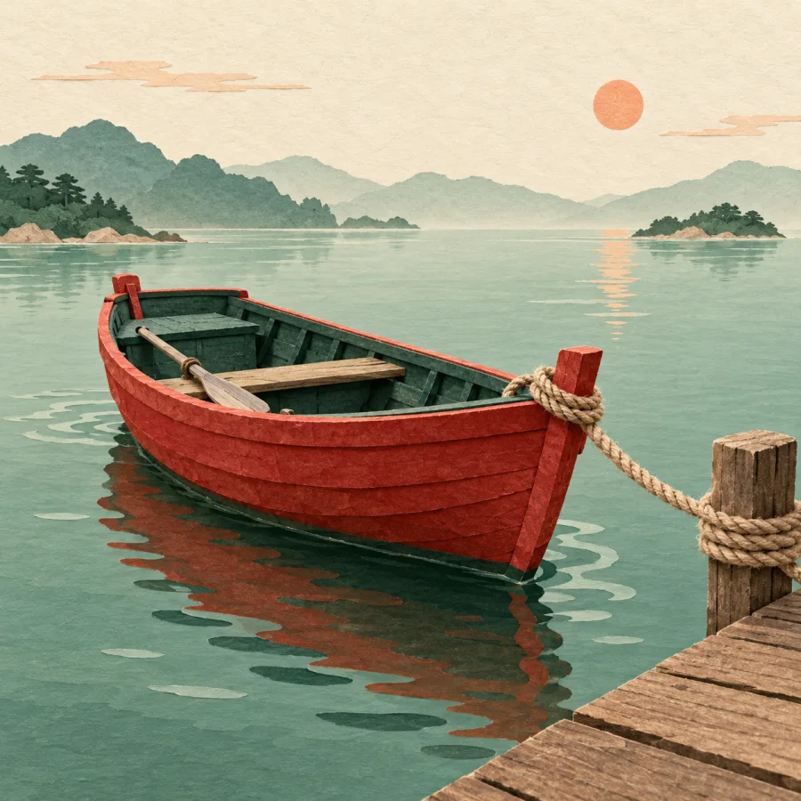 A small boat moored at a dock, held by a thick rope