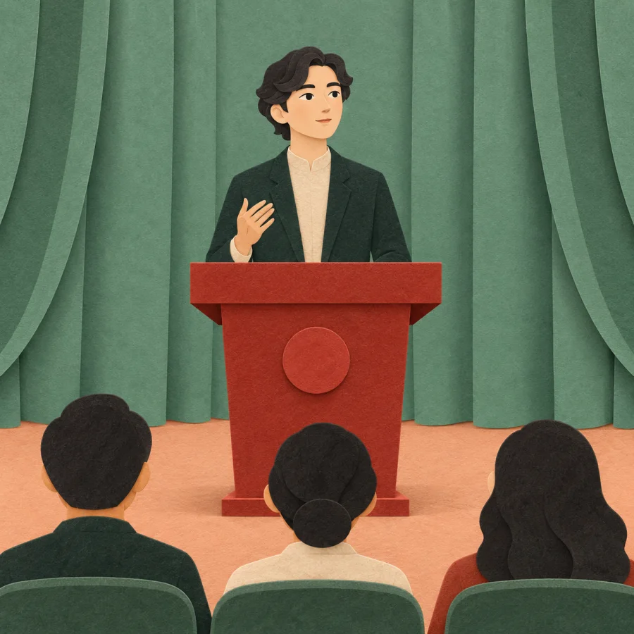 A speaker at a podium pausing mid-speech before a small audience