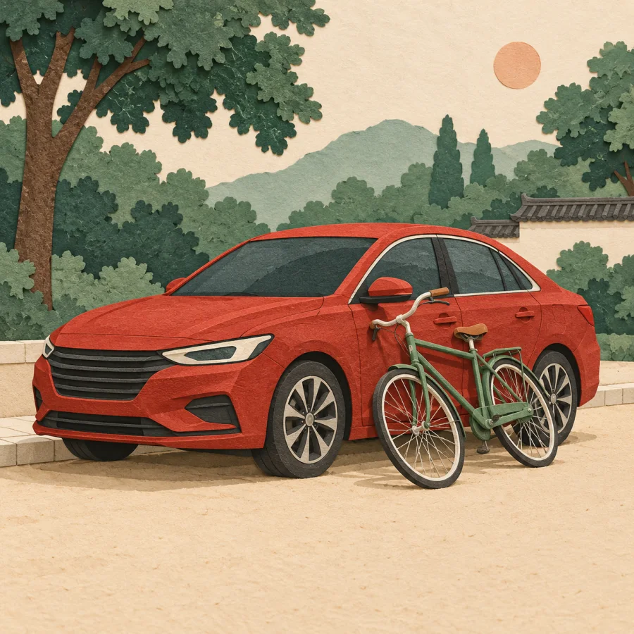 A bicycle parked haphazardly against a red car near a sidewalk