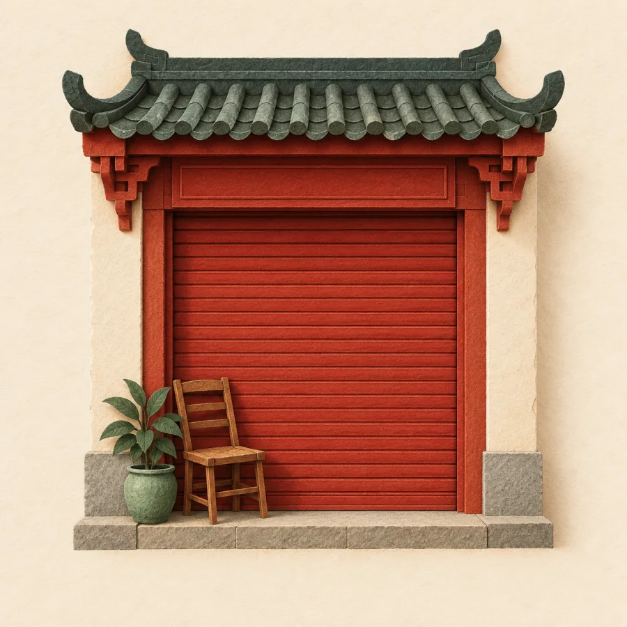 A small shop with shutter pulled down and a chair propped against the door