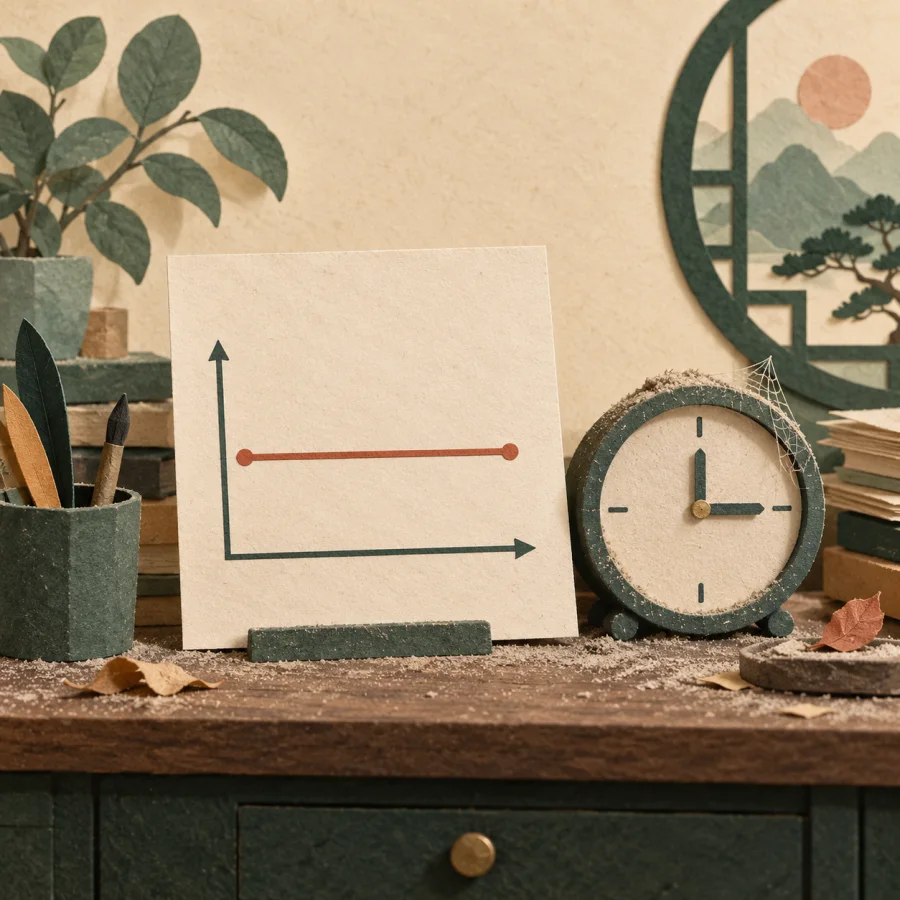 A flat line chart on an office desk with a stopped clock beside it