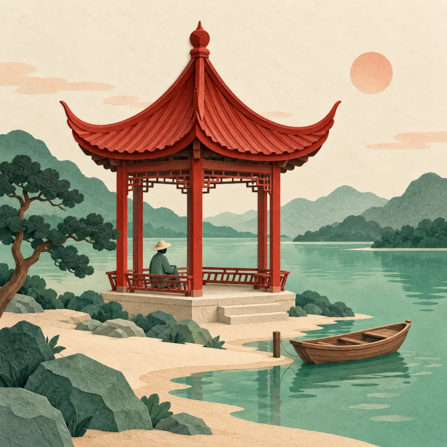 A person rests in a garden pavilion with a red roof by a lake