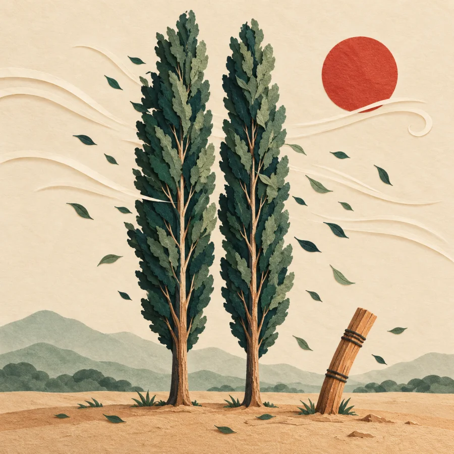 Two straight poplar trees stand upright in wind beside a bent post