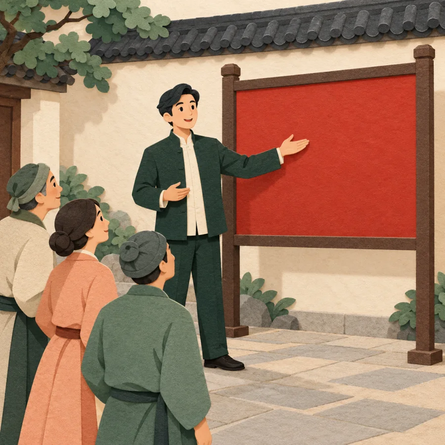 A person announces news to a small crowd beside a red notice board