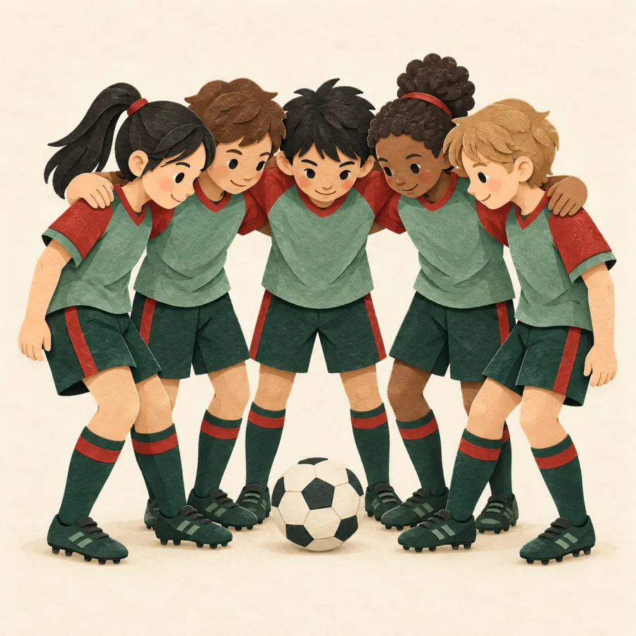 Players huddled around a ball