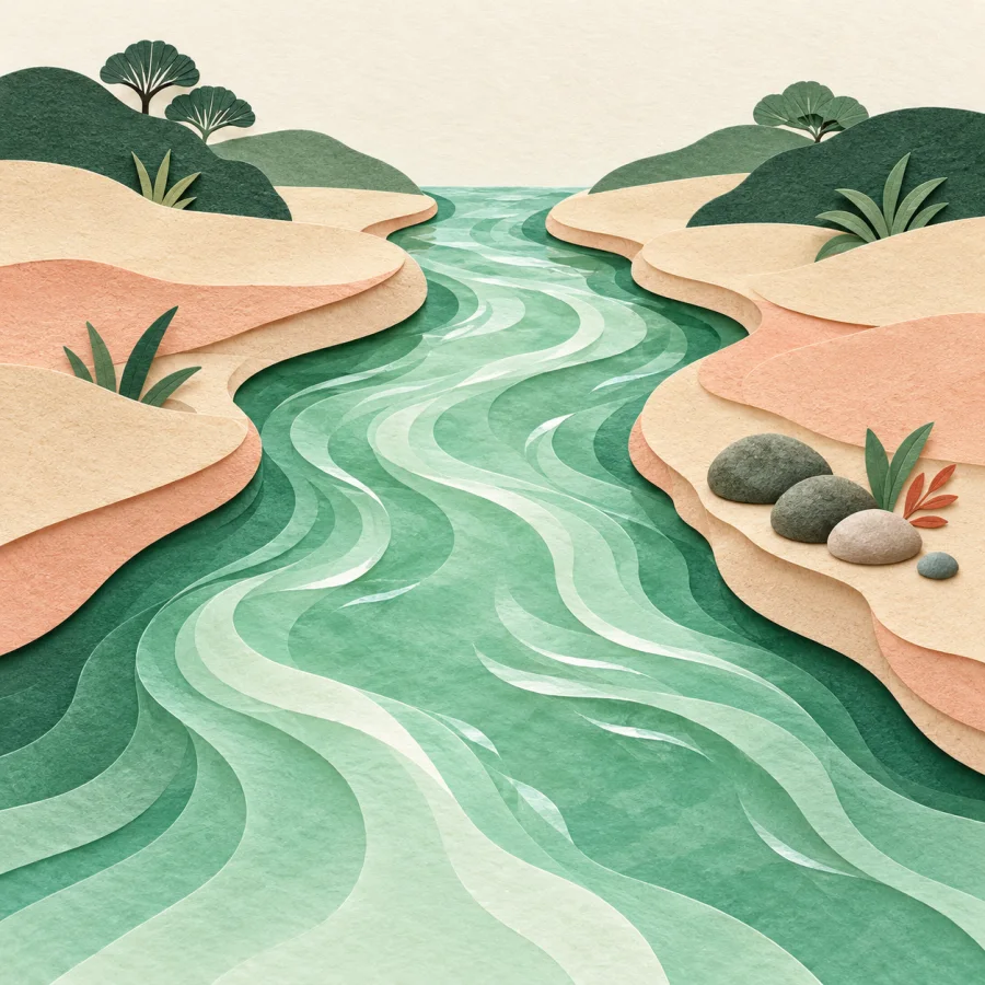 Clear water flows freely down an open canal past removed stones