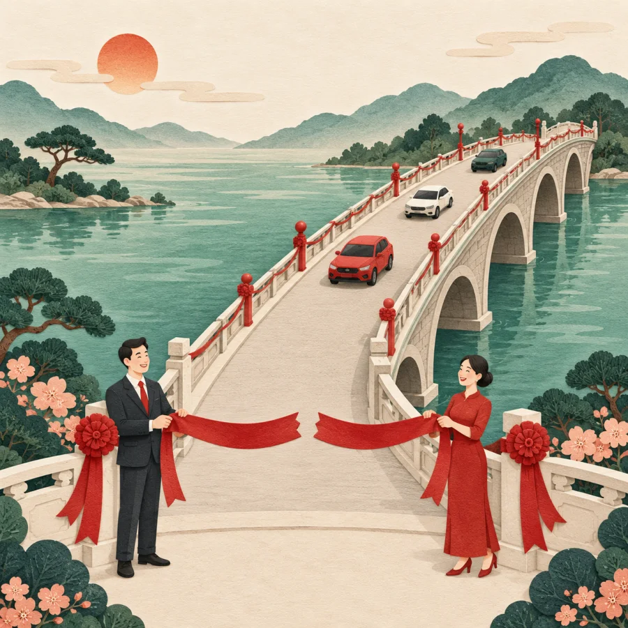 Cars drive onto a new bridge across a river at its opening