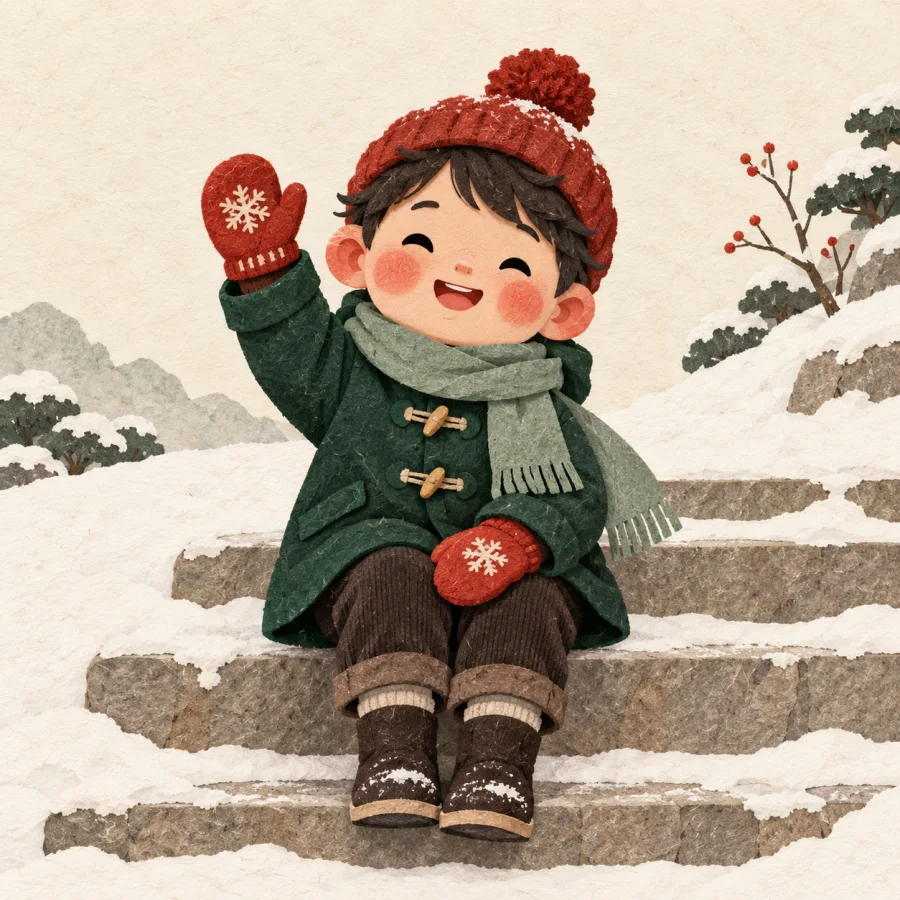 A child with cinnabar red cheeks sits on snowy stone steps holding a mitten