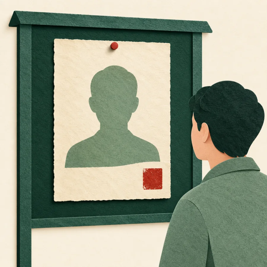 A figure looks at a stamped silhouette portrait pinned to a public board