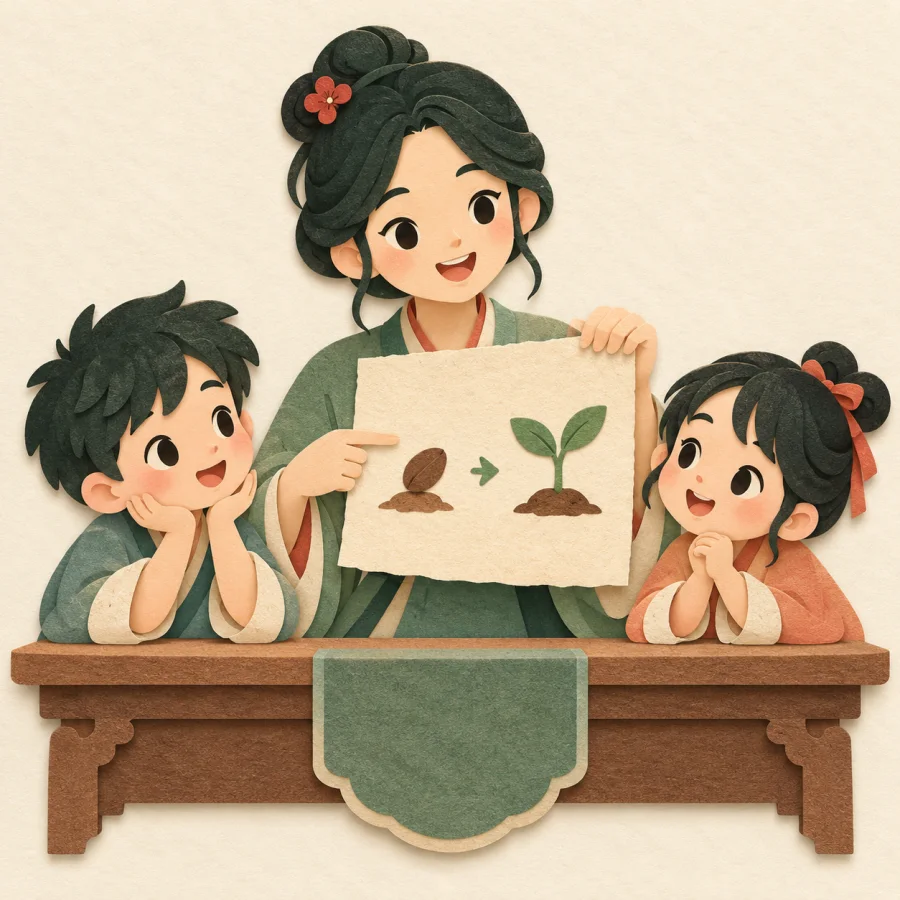 A teacher explains a hard idea to children with simple pictures