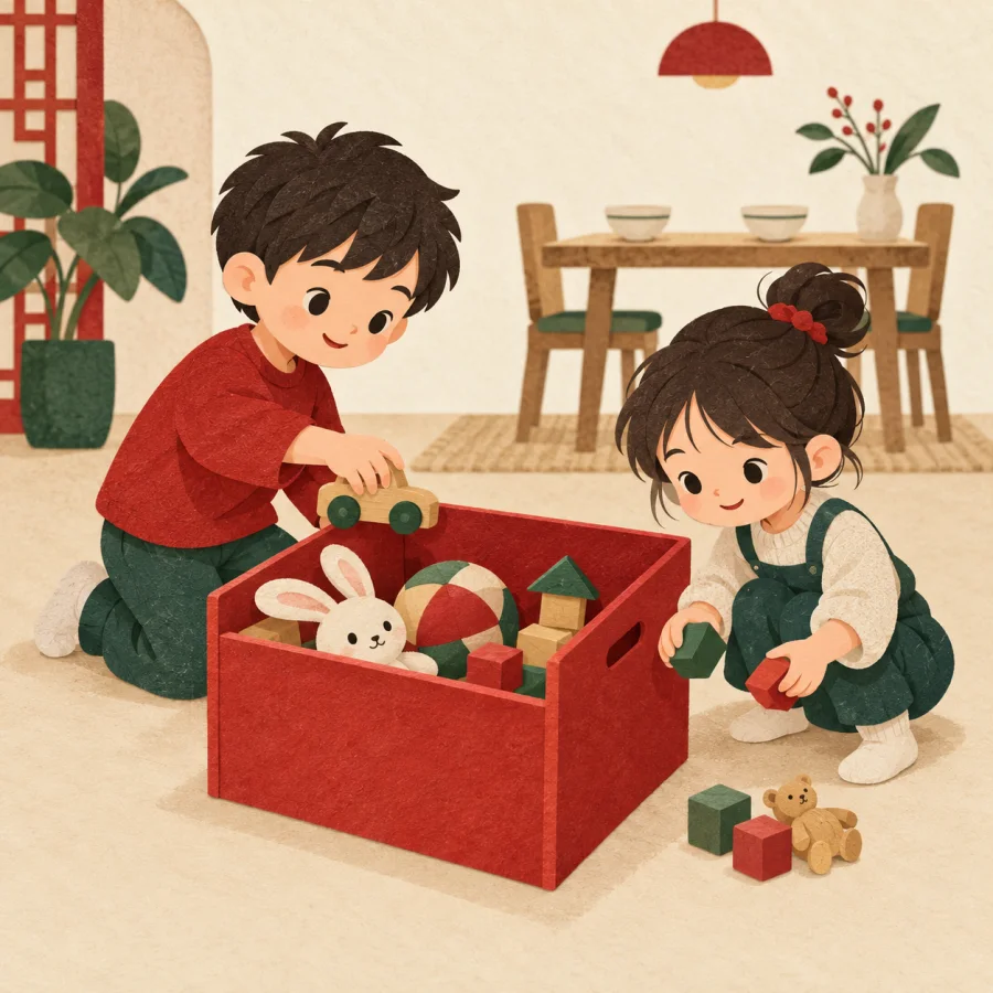 Children putting all the scattered toys into a big box