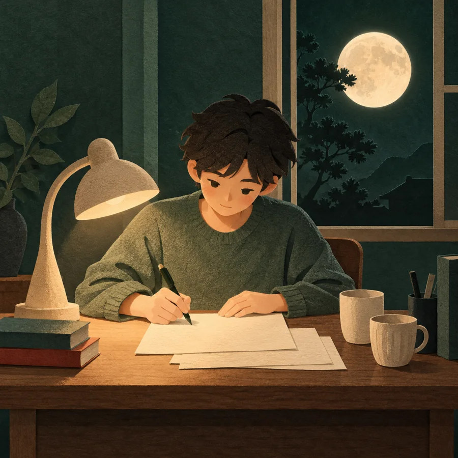 A student working at a desk lamp late at night