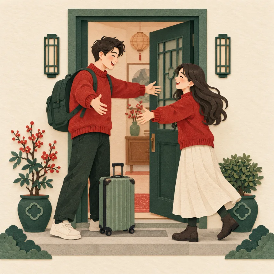 A brother and sister welcoming each other at a doorway