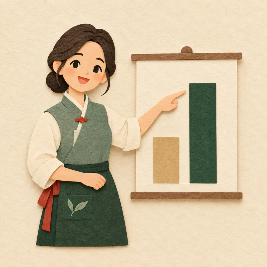A clerk pointing at a rising bar chart