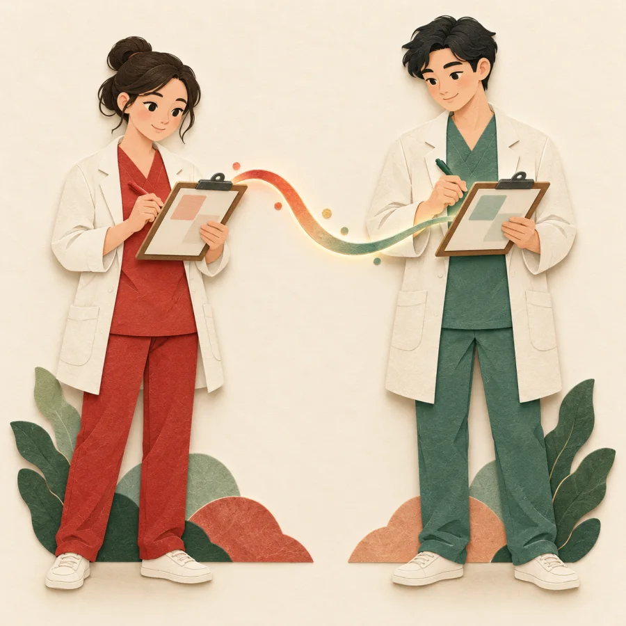 Two clinic workers update patient charts at the same moment, linked by a line