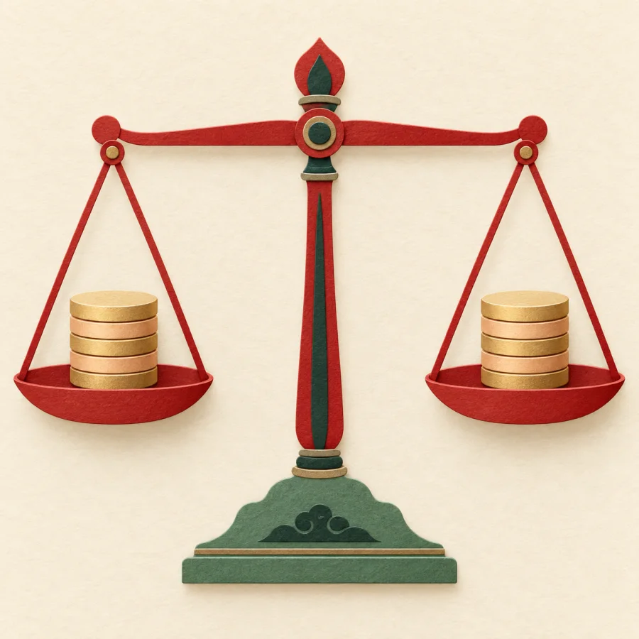 A balance scale standing level with identical weights in both pans