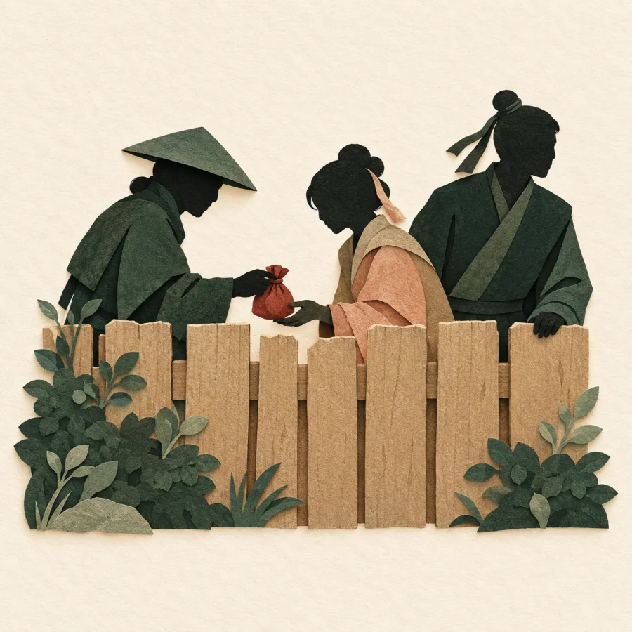 Two figures secretly pass a small bag behind a fence as a third watches