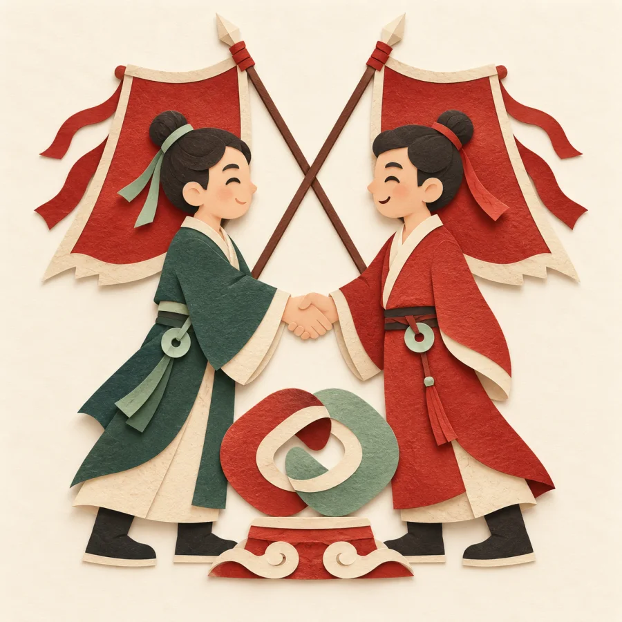 Two figures shake hands above a joined emblem with matching banners crossed