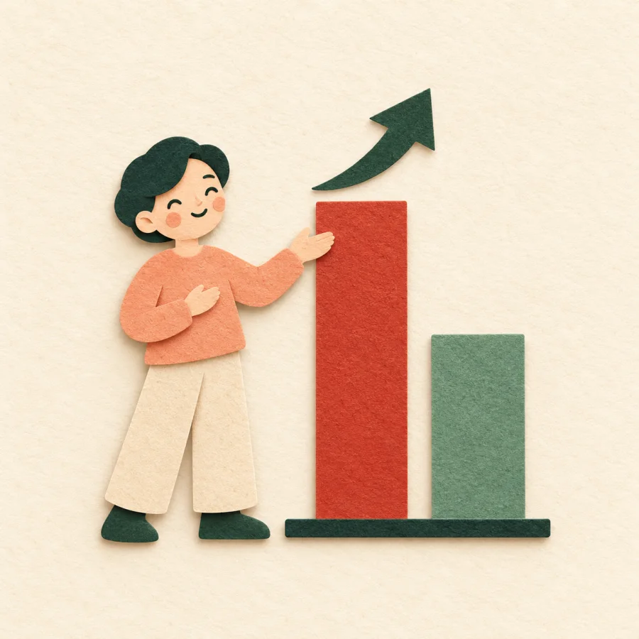 A person compares two bars of a chart from two different years