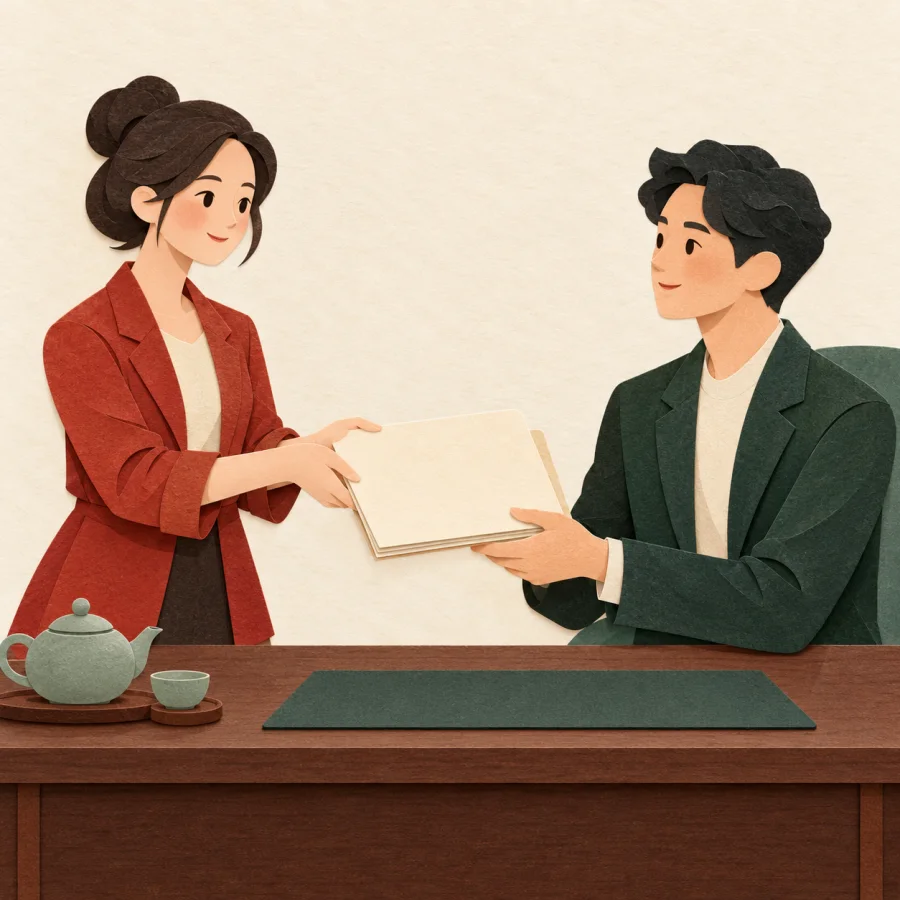 Two colleagues hand a folder of documents across a desk