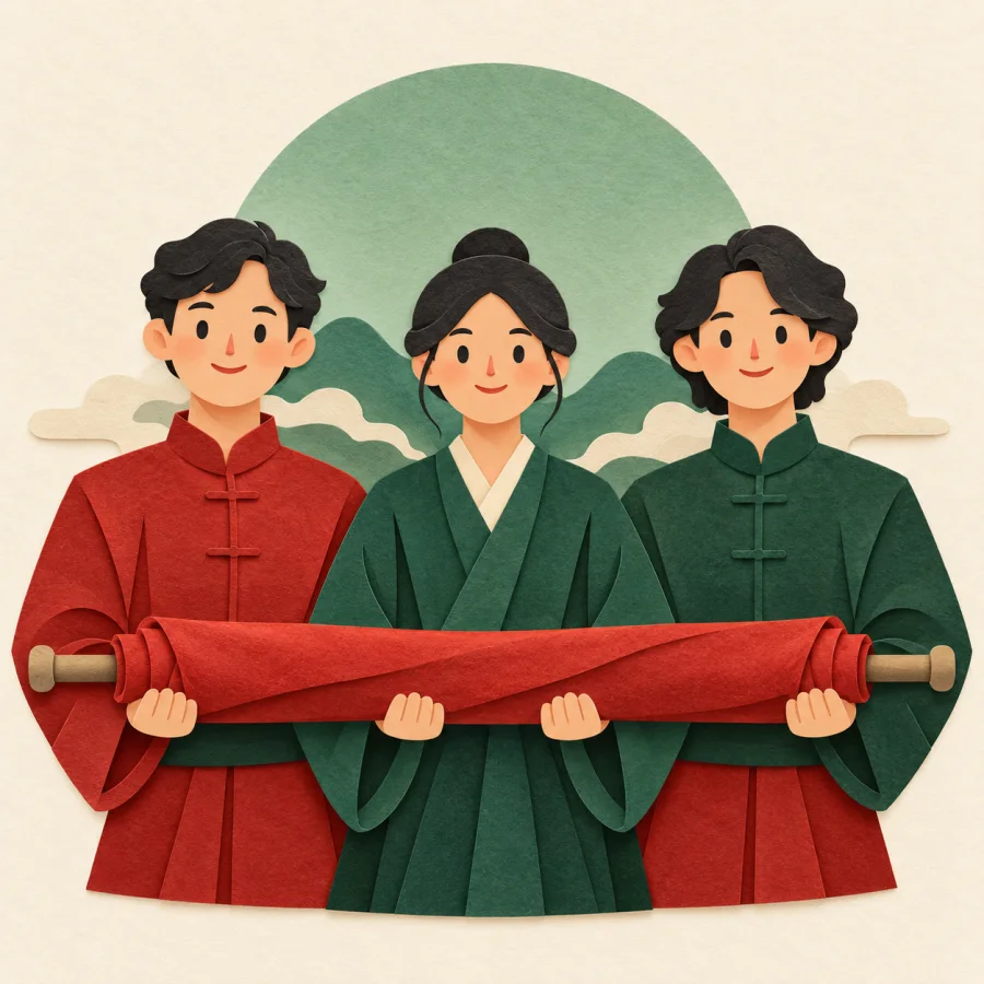 Three people stand shoulder to shoulder holding a rolled flag