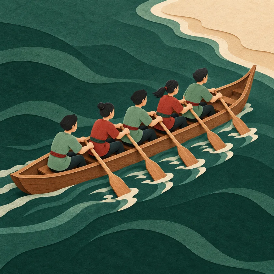 Several people row one boat together through choppy water