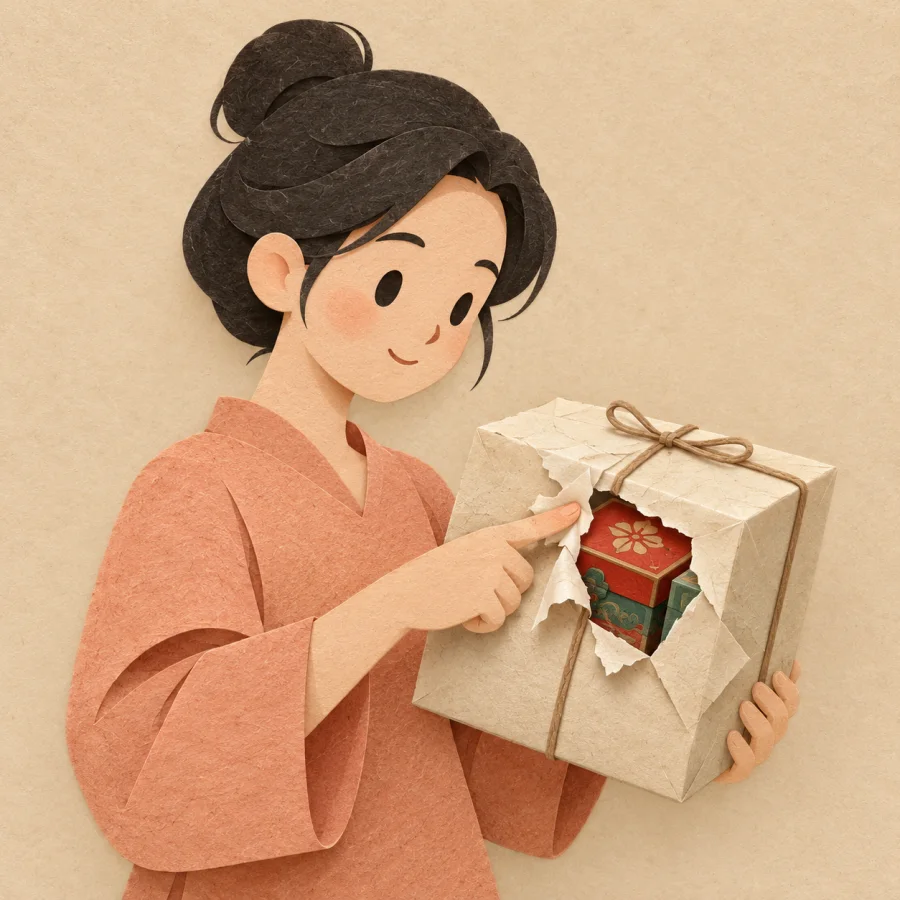 A person pokes a finger through wrapping paper of a parcel