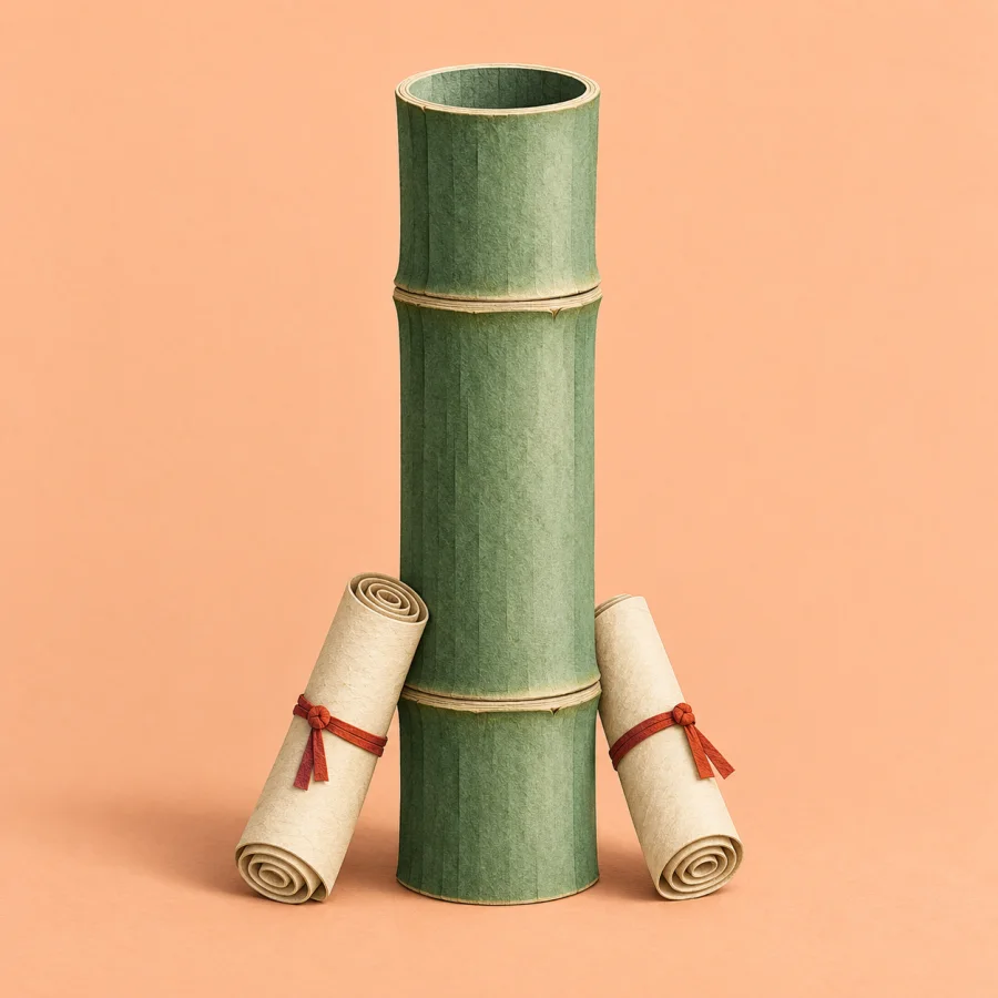 A bamboo tube with rolled scrolls beside it