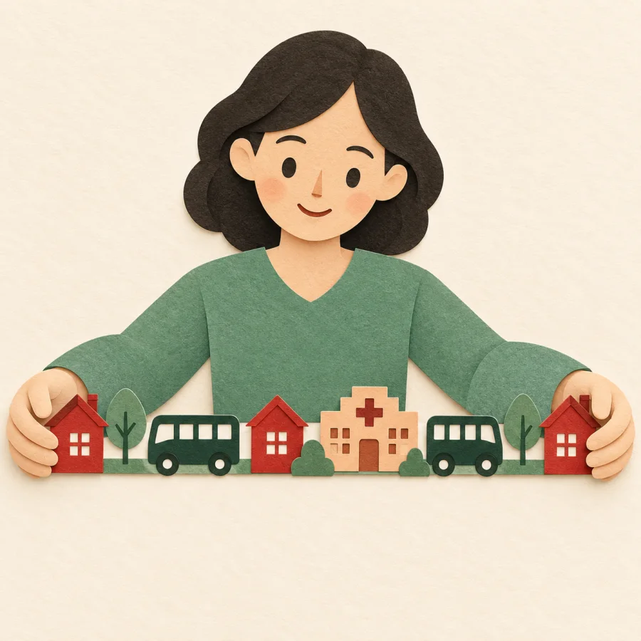 A person arranging pictures of houses and buses into one neat row