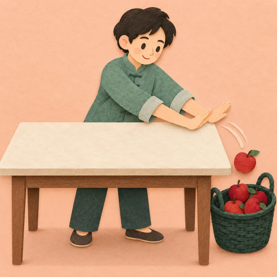A person sweeping every apple from the table into one basket